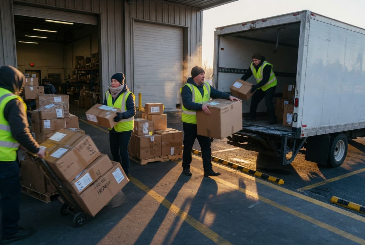 Workers loading boxes onto a delivery truck at a logistics hub