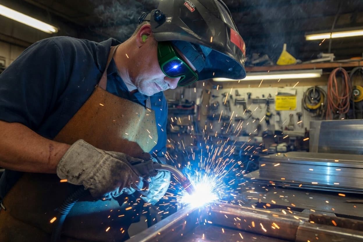 Welder at work with sparks in a metal fabrication shop