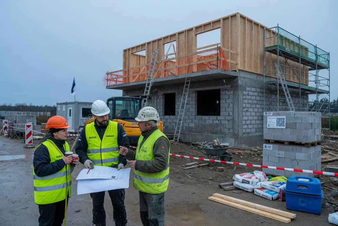 Construction site with workers in safety gear and a residential building under construction