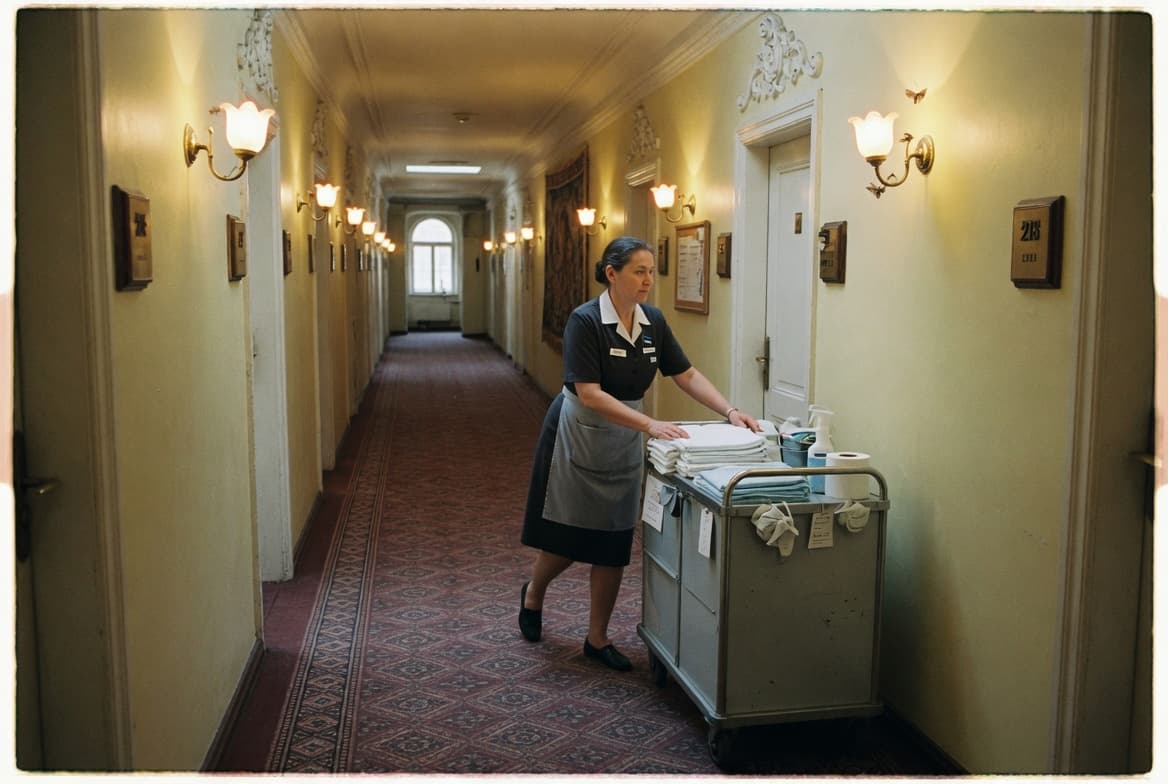 Hotel housekeeper in a softly lit Tallinn old-town hotel corridor
