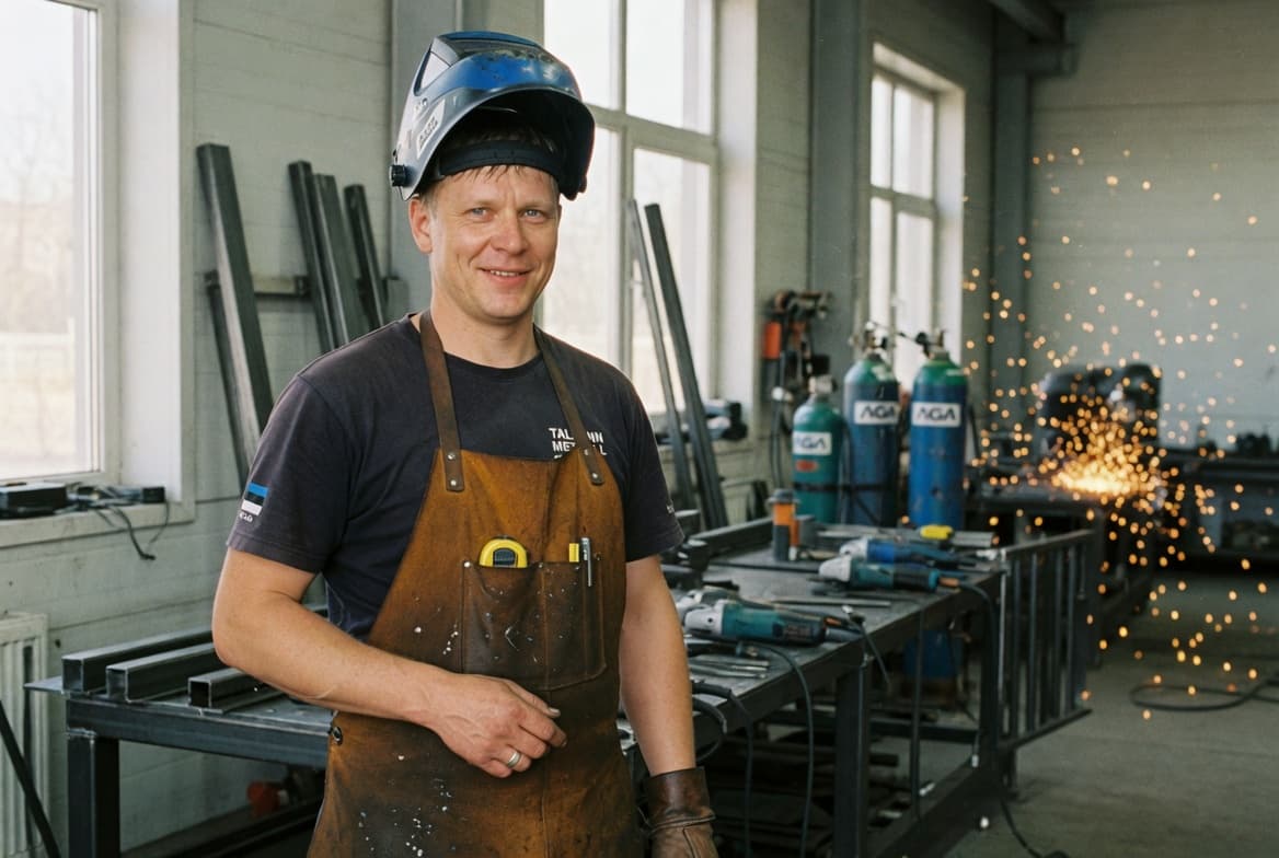 Experienced welder in a fabrication shop with sparks softly out of focus